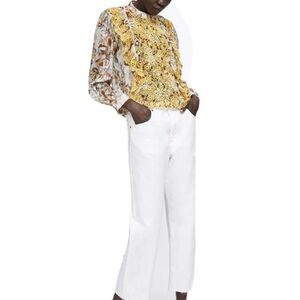 Zara Neutral-Tone Floral Ruffle Blouse